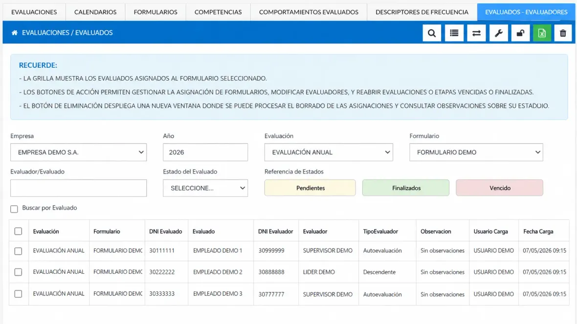 Pantalla de evaluación de desempeño en Gesper