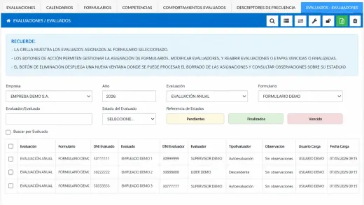 Pantalla de evaluación de desempeño en Gesper